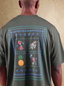 Áo thun oversized thêu chữ thập SUMWON họa tiết hoa và dứa, tay ngắn, phong cách mùa hè thường ngày, họa tiết trái cây nhiệt đới, thời trang đường phố, đi nghỉ mát. - Màu xanh lá cây đậm - Xem 3