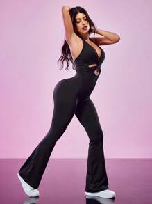 SHEIN Sports Women's Casual Sports Halter Backless Flare Leg Jumpsuit - Black - View 6