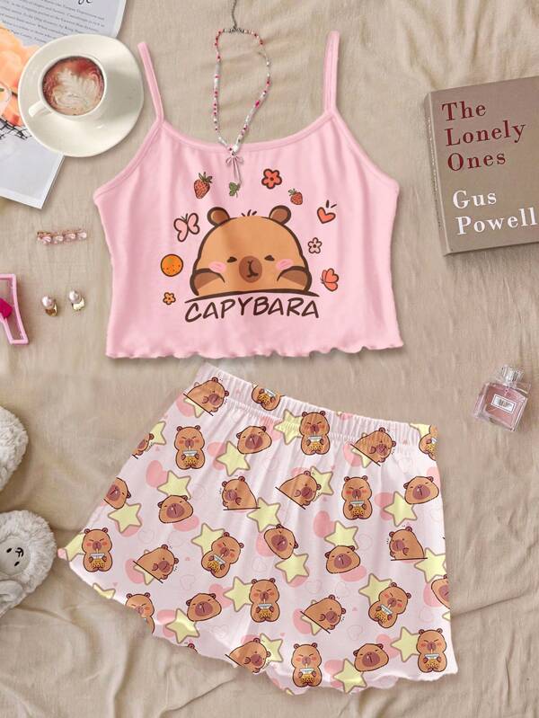 Conjunto de pijama casual com 2 peças de camisola e shorts fofos com estampa de capivara creme rosa para meninas adolescentes, adequado para todas as estações