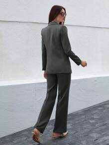 EURMUSE Women's Solid Color Double-Breasted Jacket And Pants Suit Set - Dark Grey - View 2