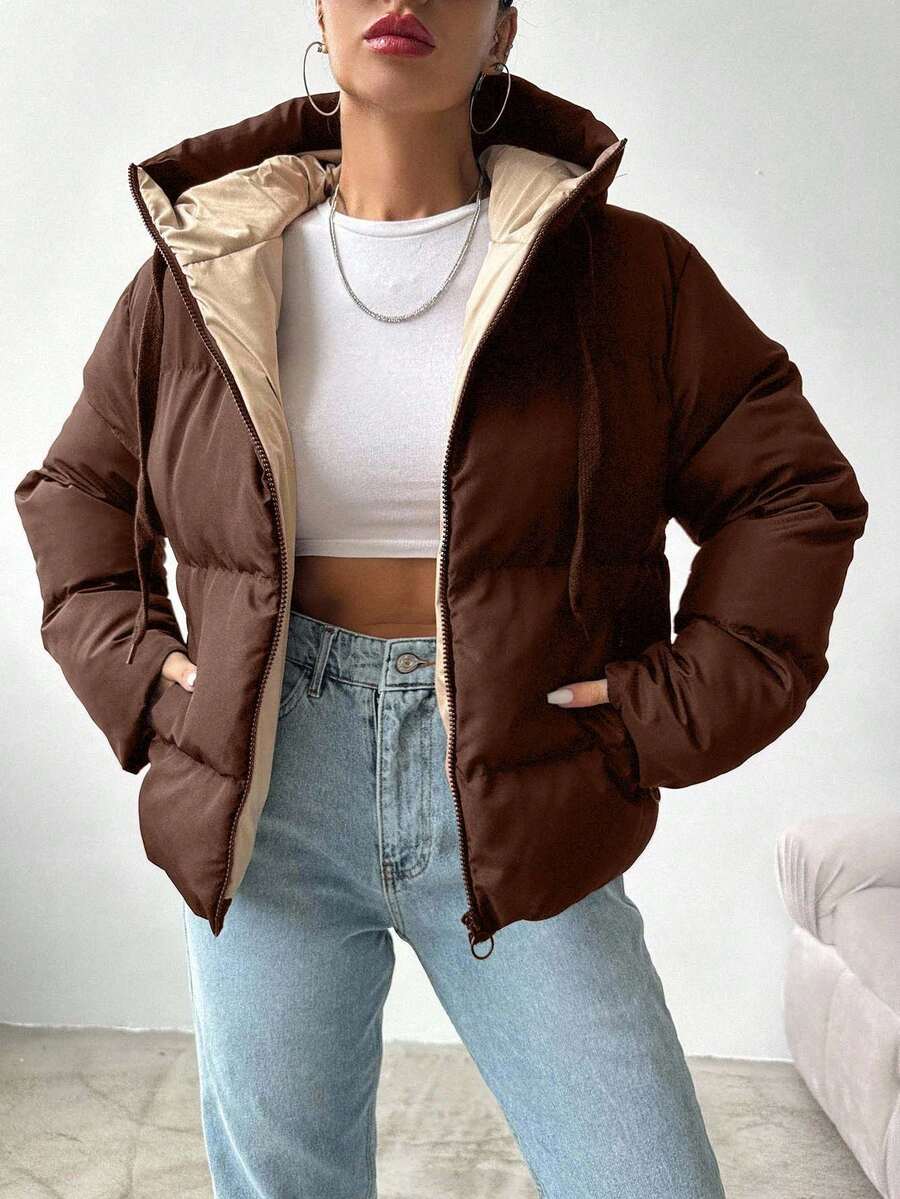 EURMUSE Áo khoác mùa đông có mũ trùm đầu, dây rút, chần bông dành cho nữ - màu nâu - Xem 1