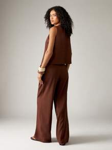 AiiRZ Linen Two Piece Outfit Summer Waistcoat Vest Metal Button Crop Top Wide Leg High Waisted Palazzo Pants Holiday Casual Beach Resort Wear