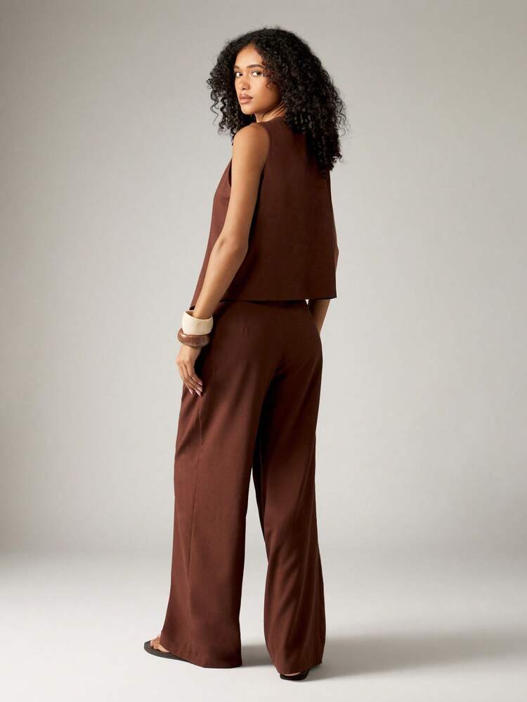 Linen Waistcoat With Metal Buttons And Wide Leg Pants