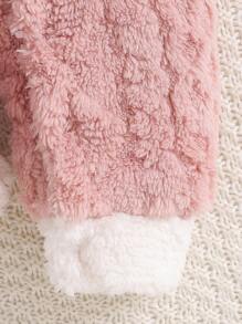 SHEIN 1 件女婴长袖连帽连体衣，毛绒蝴蝶装饰，柔软舒适，绗缝花卉图案羊毛连体衣，前按扣开合，休闲日常穿着，秋冬 - 粉色 - 查看 5