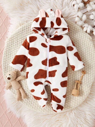 新生儿简约时尚可爱波尔卡圆点长袖连帽羊毛连体睡衣