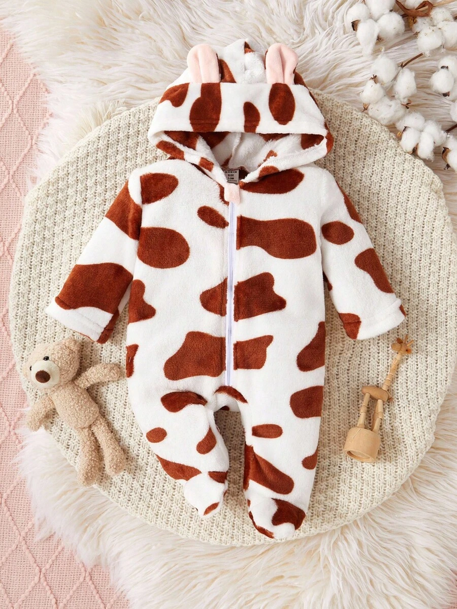 新生儿简约时尚可爱波尔卡圆点长袖连帽羊毛连体睡衣