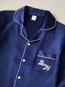 2pcs Boys' Navy Pocket Print Long Sleeve Top And Pants Pajama Set, Spring/Autumn Satain NAVY Pajamas Sets 7Y-12Y Fall Winter - Royal Blue - View 6