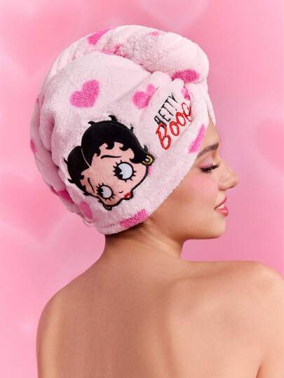 Betty Boop x SHEIN 1 pieza Toalla envolvente para el cabello súper absorbente con bordado de diseño Betty, diseño de corazón apto para todo tipo y longitud de cabello, que absorbe el agua y se seca rápidamente, ideas de regalo, fiesta, vacaciones, Día de San Valentín
