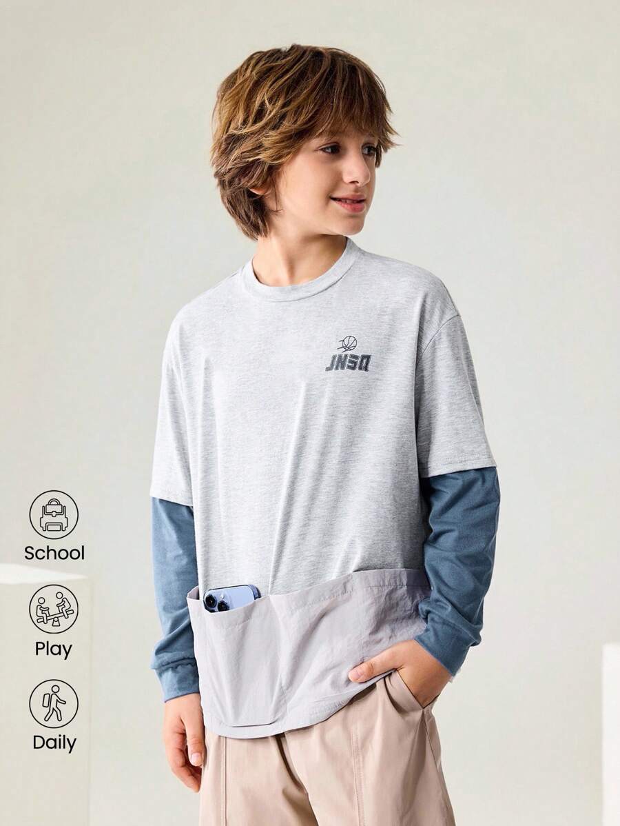 JNSQ Back To School Casual Sports Long Sleeve T-Shirt, Kids Round Neck Contrast Color Patchwork Funny Letter Graphic Print Long Sleeve T-Shirt