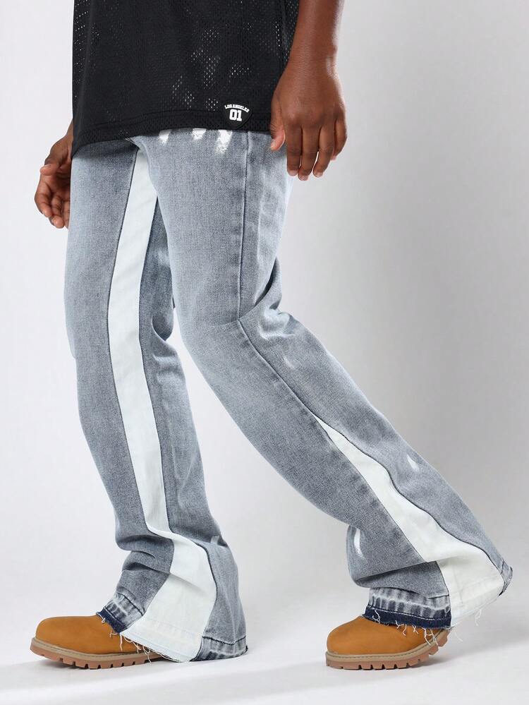 Wide Leg Distressed Denim Jeans With Side Stripes