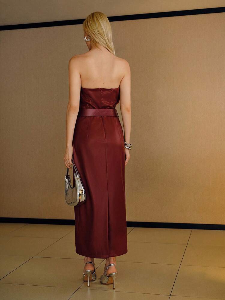 CONTRAST FAUX FUR PU LEATHER BUCKLE BELTED TUBE DRESS