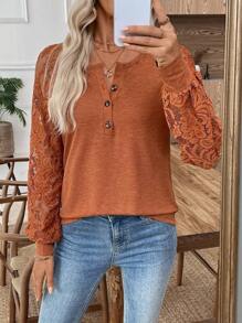EMERY ROSE 女式撞色蕾丝插肩袖纽扣半襟休闲运动衫
