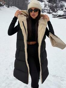 EURMUSE Clasi Two-Tone Reversible Padded Zipper Front Pockets Drawstring Hood Vest Jacket - Multicolor - View 4