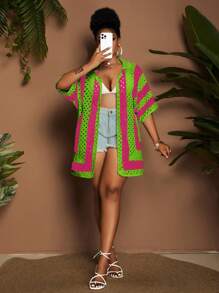 Maweii 大码女式条纹镂空宽松休闲半袖针织开衫，黑白配色 - 彩色 - 查看 7