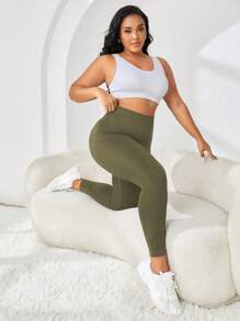 SHEIN Sports Quần legging thể thao liền mạch cỡ lớn - Màu xanh Ô liu - Xem 5