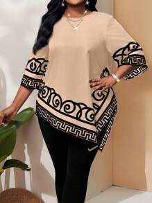 SHEIN Lady 大码时尚通勤撞色印花不对称下摆衬衫 - 卡其色 - 查看 5