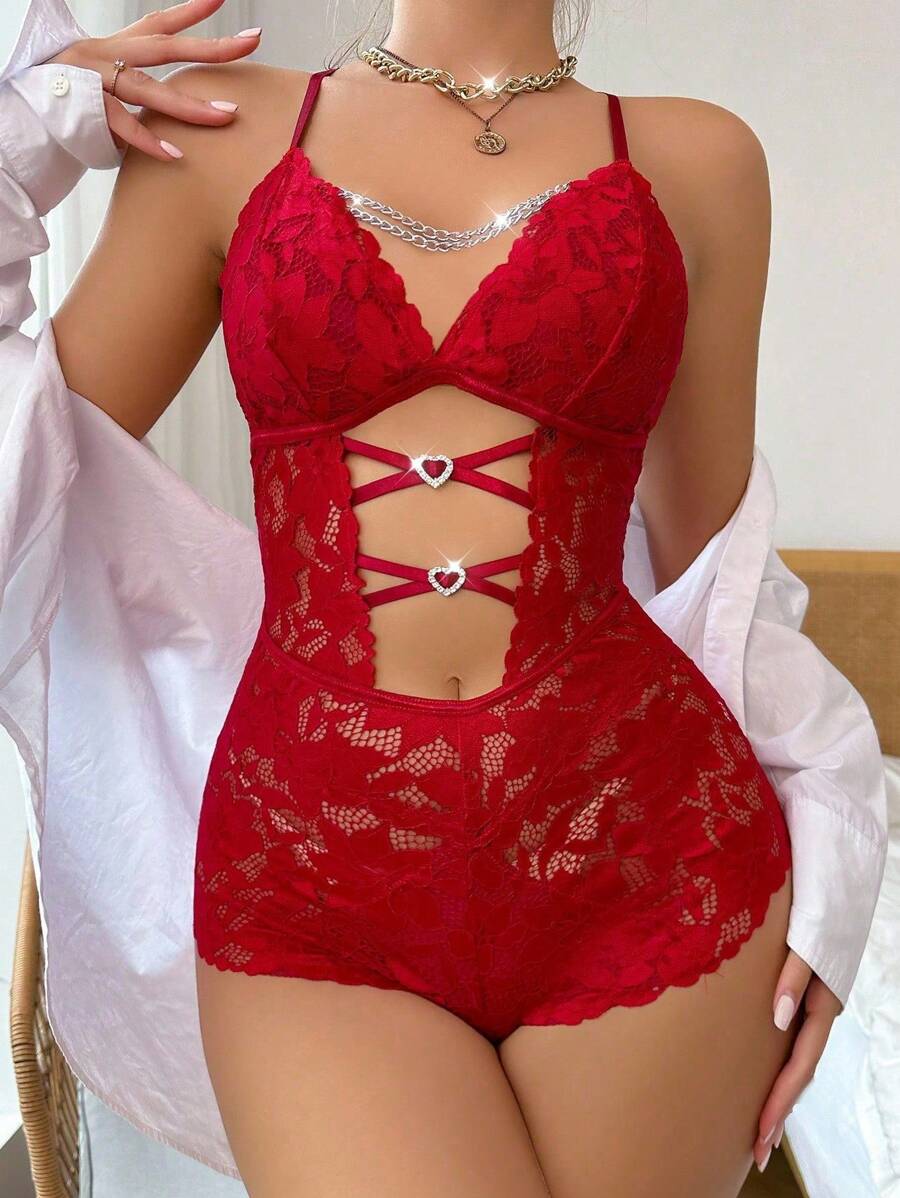 SHEIN 女士交叉镂空吊带背心性感连体睡衣 - 紅色 - 查看 1