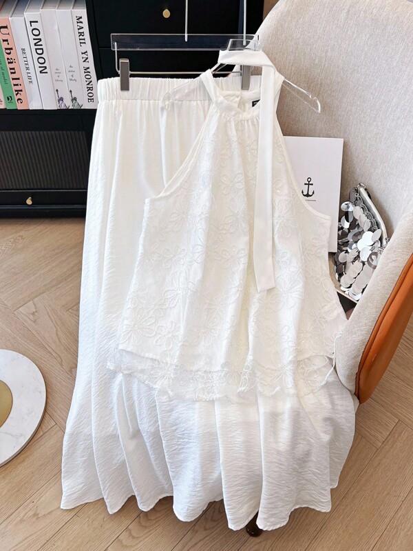 SHEIN Clasi Plus Size Women's Romantic Elegant Sweet Vacation Style Mesh Embroidered Camisole & Tie-Up Waist Flowy Skirt Set