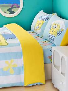 SpongeBob SquarePants | SHEIN 3 件套床上用品，柔软温暖的拉绒材质，蓝色条纹卡通图案羽绒被套，适用于单人床/双人床/大号床/特大号床 - 彩色 - 查看 7