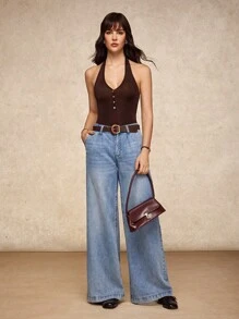 House of One Old Money Glitter Knit Halter Neck Deep V Button-Up Backless Bodysuits Women Sexy Old Money Fall Women Clothes Casual Vacation Summer Brown Halter Top Brown Button Top Dark Brown Top Chocolate Brown Top Brown Top Fall Outfits Business Professional Women Business Casual Woman