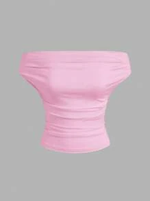 SHEIN EZwear 2 件套黑色和粉色纯色露肩荷叶边衬衫，夏季新款百搭百搭女式上衣 - 彩色 - 查看 8