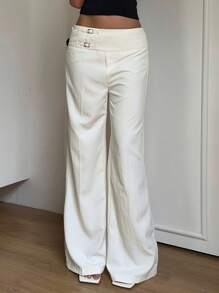 SHEIN EZwear Quần ống rộng dài thường ngày màu trắng có chi tiết khóa cài cỡ lớn cho nữ - trắng - Xem 3