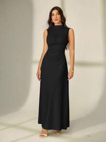 SHEIN Tall 情人节新款白色立领无袖褶皱 A 字长裙，优雅浪漫约会和工作装，女士夏季连衣裙，茶会礼服，白色毕业礼服 - 黑色 - 查看 6