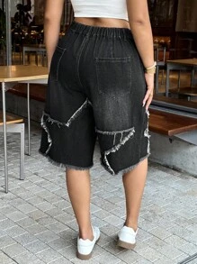 Dripcurv 大码女式磨边阔腿宽松休闲牛仔短裤 - 藍色 - 查看 2