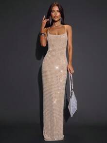 SHEIN BAE Autumn Solid Khaki Rhinestone Crystal Shiny Spaghetti Strap Round Neck Bodycon Backless Sexy Elegant Women's Dress, Suitable For Party, Nightclub, Cocktail Party, Banquet, Night Out,  Glitter Dress, Party Dress - Khaki - View 4