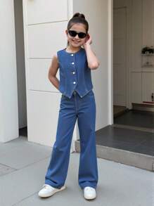 Nova Glow Tween 女孩春夏休闲街头时尚纯色 V 领无袖背心和宽松直筒裤牛仔两件套、夏季海滩波西米亚风度假短裤、夏季音乐会节日休闲狂欢装、女孩夏季早午餐毕业装 - 深色水洗藍 - 查看 5