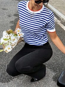 Serisse Striped Pattern Knit Top,Knitted Sweater Summer Casual - Blue and White - View 5