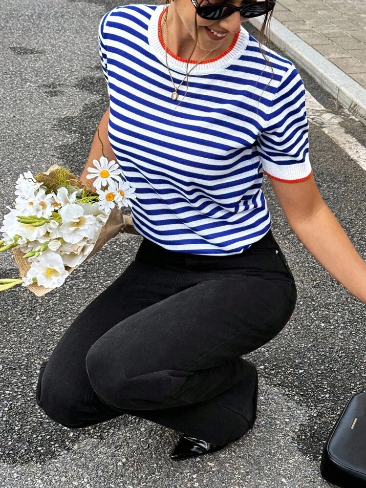 Serisse Tops de Punto A rayas Casual - Azul y blanco - Añade 5