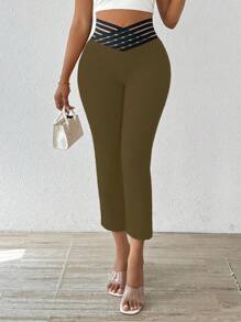 SHEIN LUNE Women's V-Waist Slim Fit Casual Summer Leggings - Army Green - View 7