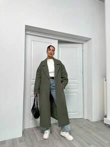 EURMUSE Lapel Neck Double Breasted Slant Pocket Waist Belt Tie-Up Woolen Overcoat - Army Green - View 7