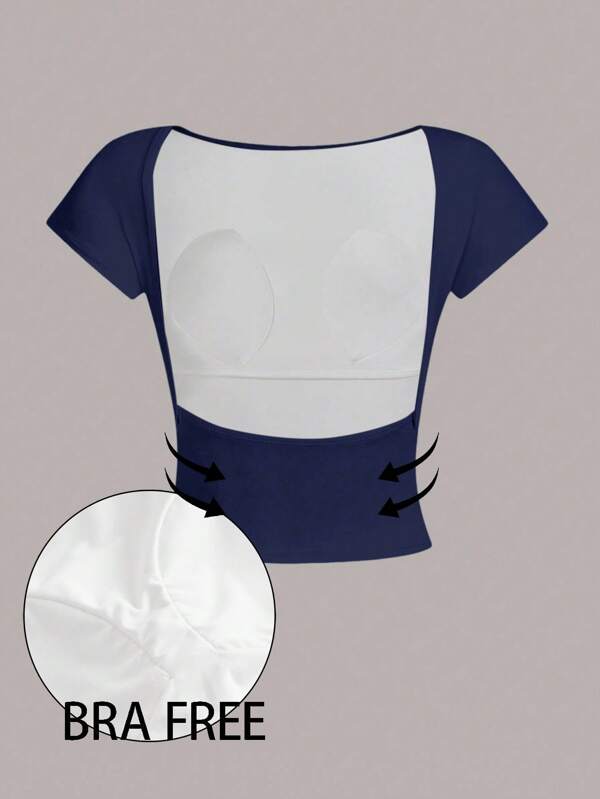 Navy Blue Women's Padded Backless Sexy Crop Top Tee, Suitable For Summer
