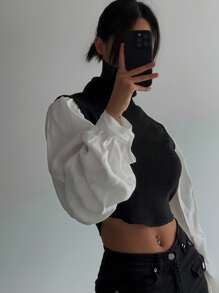 DAZY 女式高领拼接撞色灯笼袖毛衣，秋季女装短款女式上衣 - 黑與白 - 查看 2