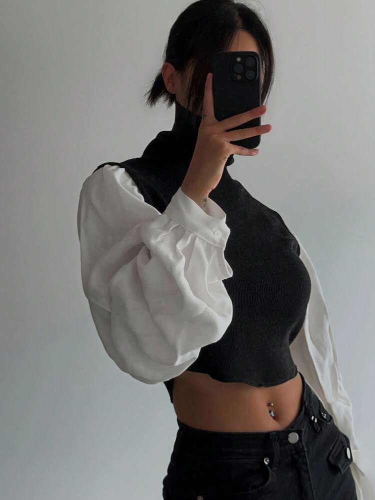 DAZY Women's Turtleneck Patchwork Contrast Color Lantern Sleeve Sweater,Fall Women Clothes Crop Women Tops - Black and White - View 2