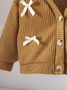 SHEIN Vintaside Kids Baby Girl V-Neck Bow Solid Color Long Sleeve Cardigan Sweater, Spring/Autumn Outerwear Fall Winter - Coffee Brown - View 6