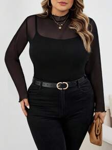 SHEIN CURVE+ 大码女式休闲透视网眼荷叶边立领长袖 T 恤大码透视上衣大码黑色上衣 8xl 女装 Curve Plus 上衣女式 Curve Plus 服装秋季女装、冬季、CURVE PLUS/秋冬 - 黑色 - 查看 7