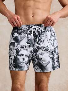 Surfspeed Classical Sculpture Marble Texture Art Mask Print Casual Beach Shorts - Grey - View 6
