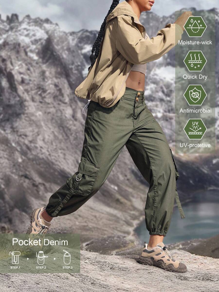 SHEIN Unity 女式工装口袋休闲抽绳宽松牛仔裤 - 軍綠色 - 查看 1