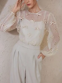 Modelyn 女式纯色镂空透视长袖衬衫 - 杏色 - 查看 4
