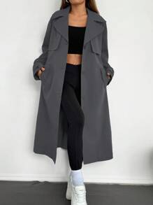 SHEIN EZwear 深灰色中长款风衣，翻领口袋细节，适合秋冬休闲风格风衣女长款风衣 - 深灰色 - 查看 4