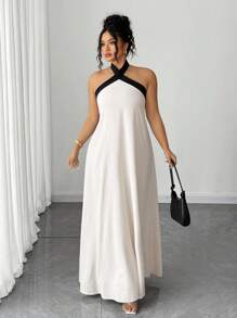 Elenzga Plus Size Elegant Sexy Backless Halter Colorblock Dress, Summer - Beige - View 5