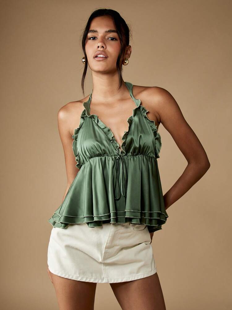 MISSGUIDED Satin Halter Neck Cami Top With Ruffle Trim Empire Waist Babydoll Summer Flowy Tank Top Evening Party Club Wear Tiered