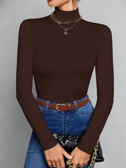 SHEIN Tall Simple Solid Color Slim High Collar Brown Top Suitable For Autumn And Winter