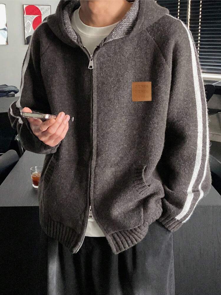 Men's Zip-Up Hoodie Cardigan With Brown Patch, Autumn Jacket