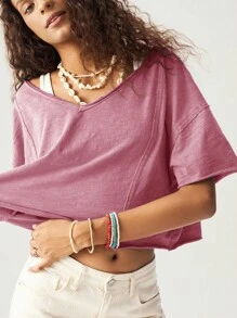 Bohemela 女士休闲纯色V领短袖宽松T恤 - 粉色 - 查看 5