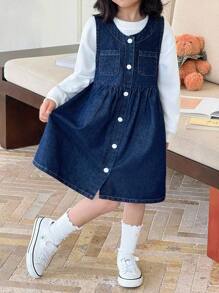 Genkimix Kids 2 pezzi Set di Vestito Salopette in Jeans e Maglietta Bianca a Maniche Lunghe per Ragazze, Abbigliamento per il Ritorno a Scuola, Divisa Scolastica, Outfit per il Ritorno a Scuola dei Bambini - Blu Navy - Visualizzare 6