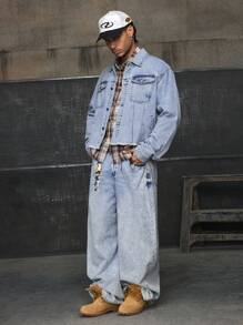 AXEPEAK 男士梭织休闲宽松长袖短款夹克，秋季 - 藍色 - 查看 6